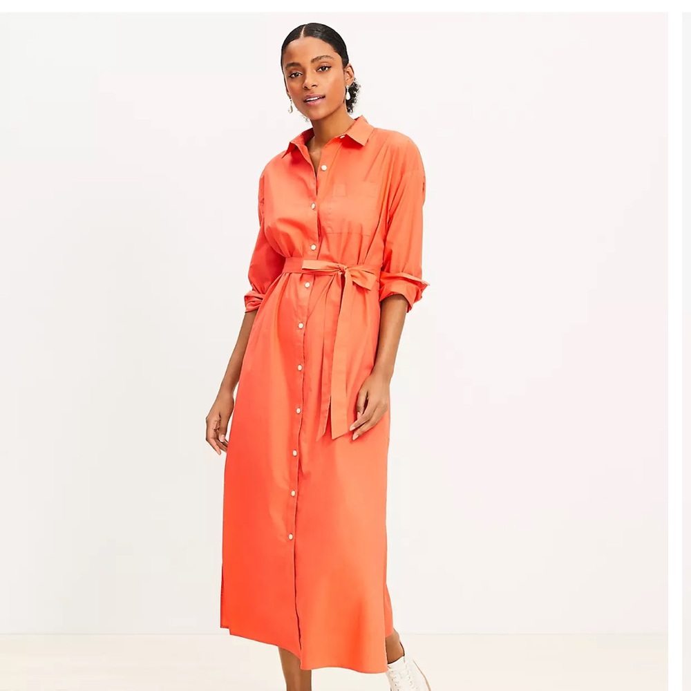 Loft Poplin Belted Pocket Shirtdress in Orange Nectar (size small)